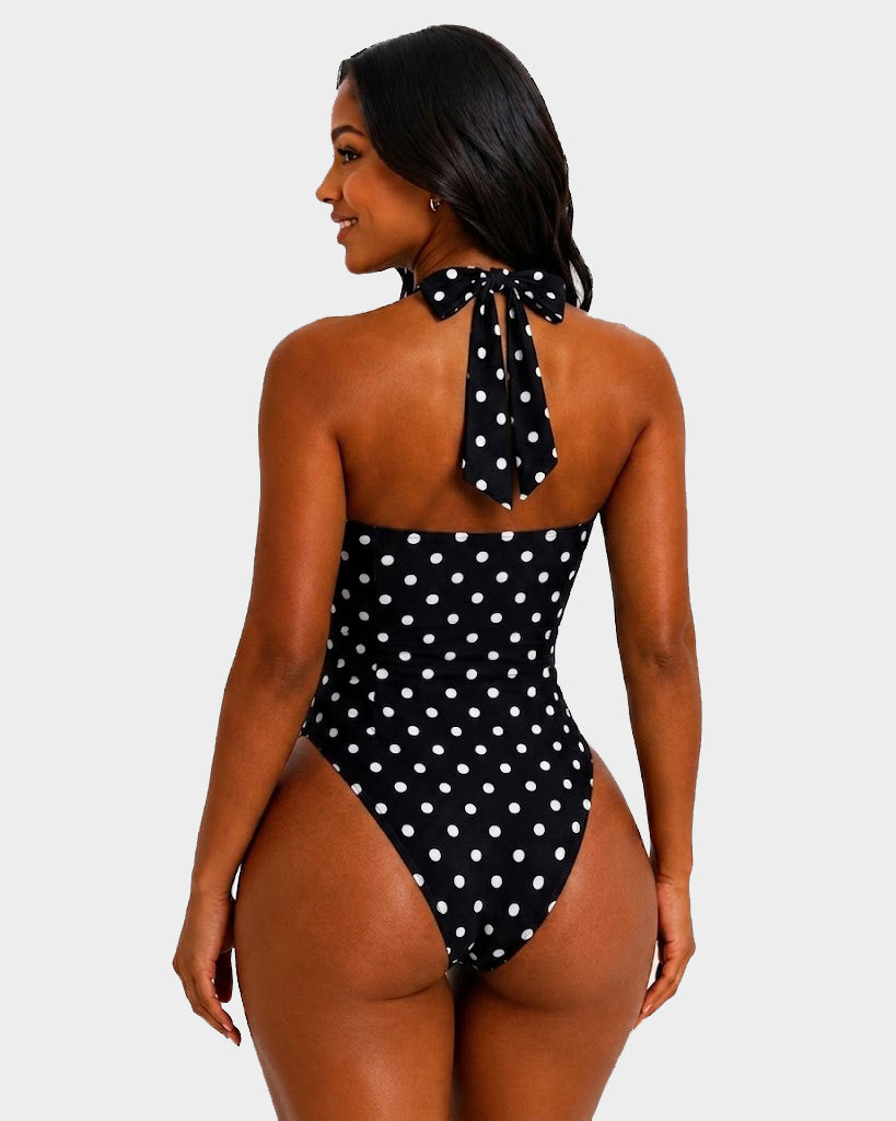 Polka Dot Halter Sweetheart Neck Ruched Back Bow Tie High Leg One-piece Swimsuit