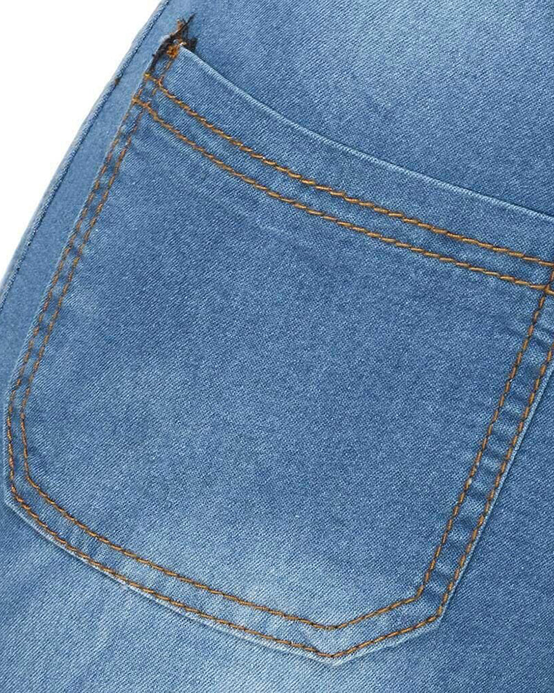 High Waist Washed Stretch Single Breasted Multi Button Straight Leg Jeans