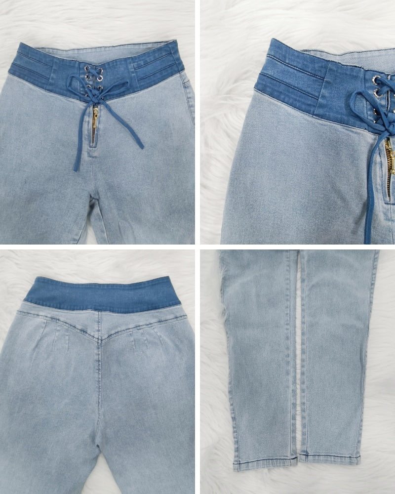 Curvy Stretch Washed Front Lace up Skinny Jeans for Women