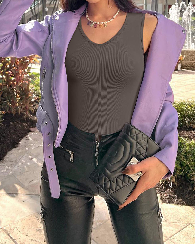 Body sexy acanalado con cuello en V sin mangas para mujer
