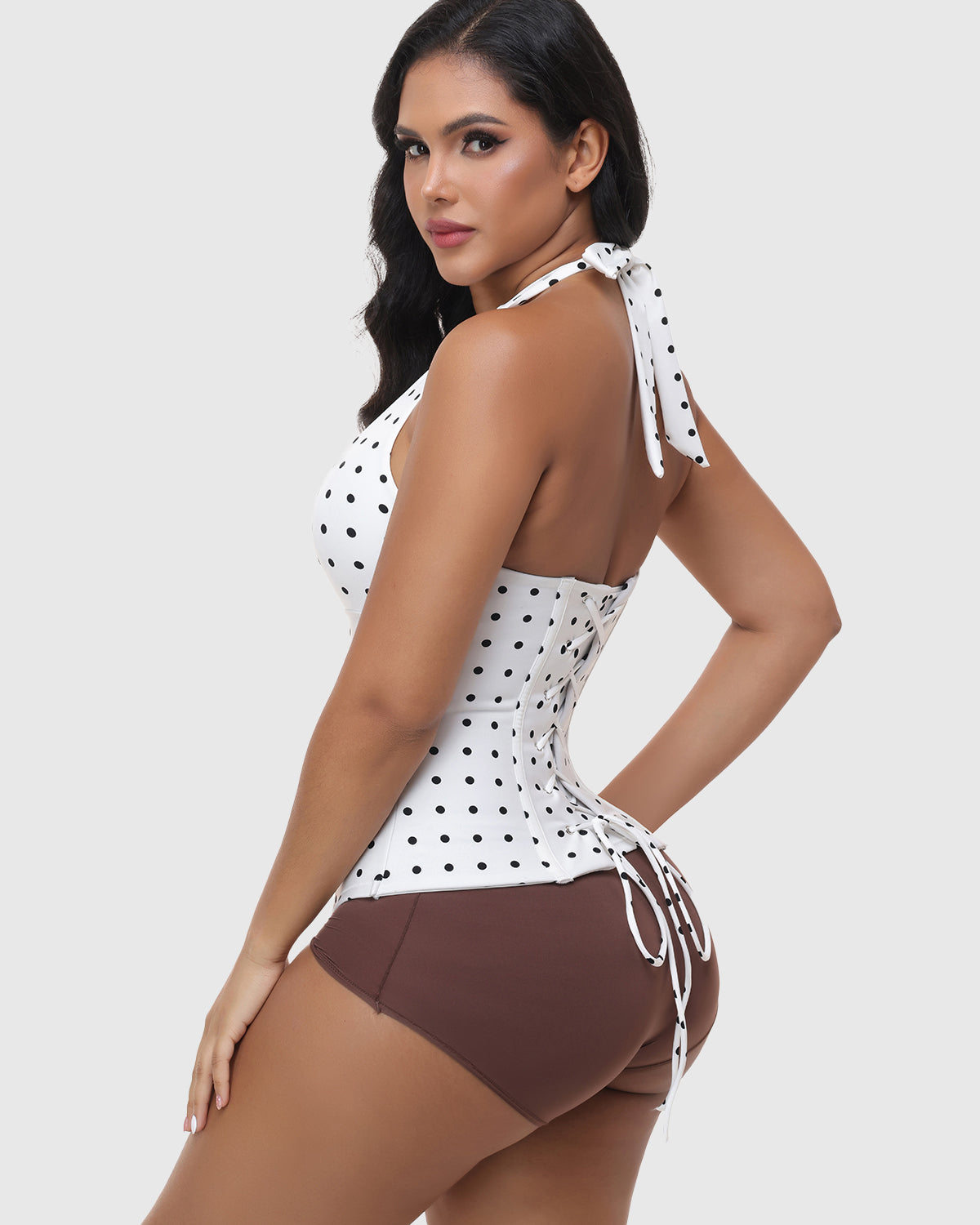 Polka Dot Halter Corset Top with Tied-up Back