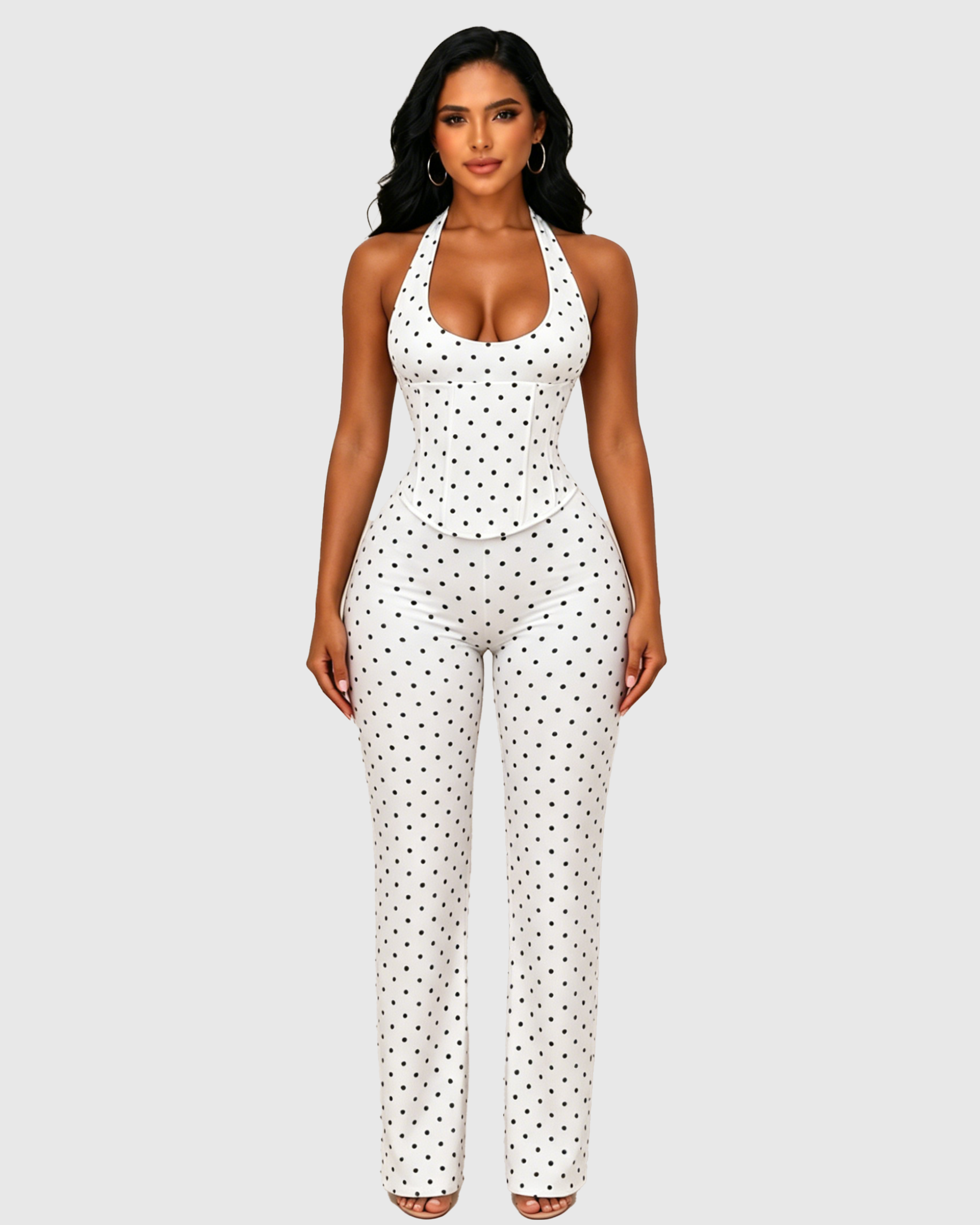 Polk Dot Halter-Neck Backless Detachable Corset Wide-leg Jumpsuit Two-Piece Set