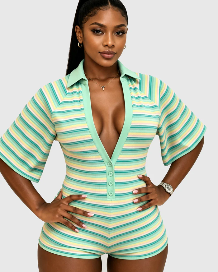 Striped Ribbed Polo Hourglass Romper with Button Front