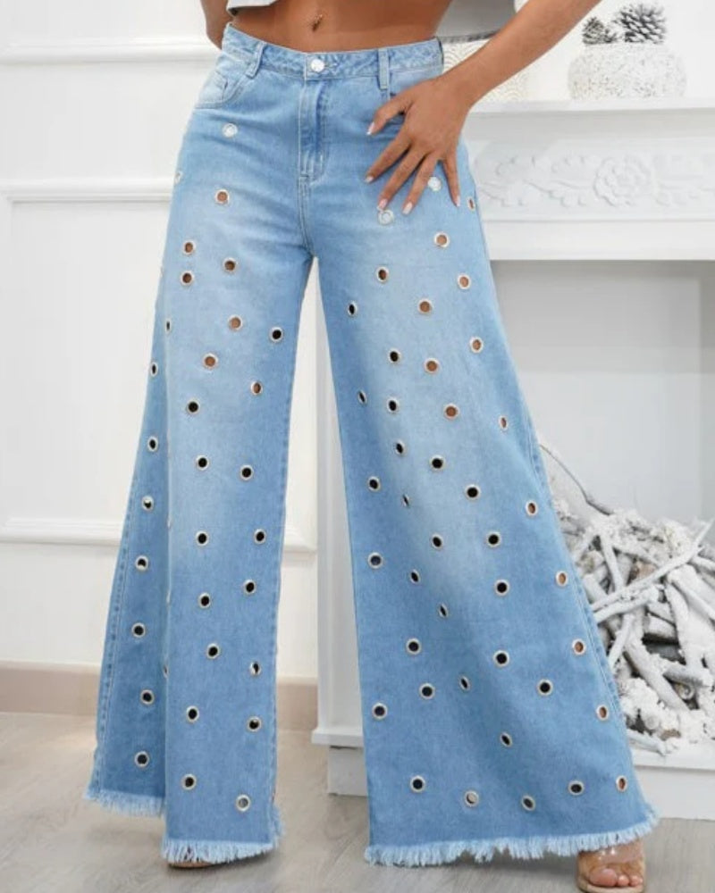 Fashion Mid Waist Wide Leg Denim Jeans With Eyelet Decorations