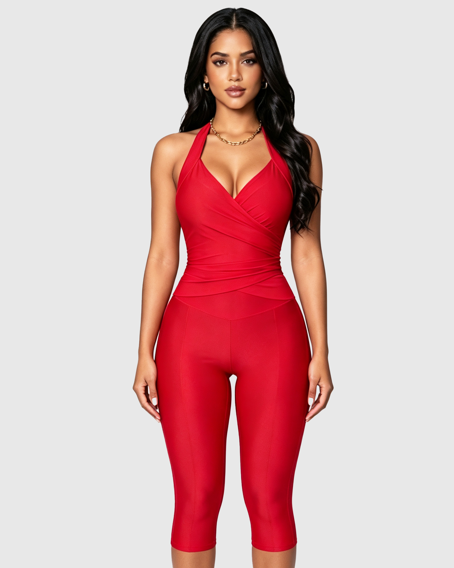Halter Tie Wrap V Neck Top Capri Leggings Two Piece Workout Set