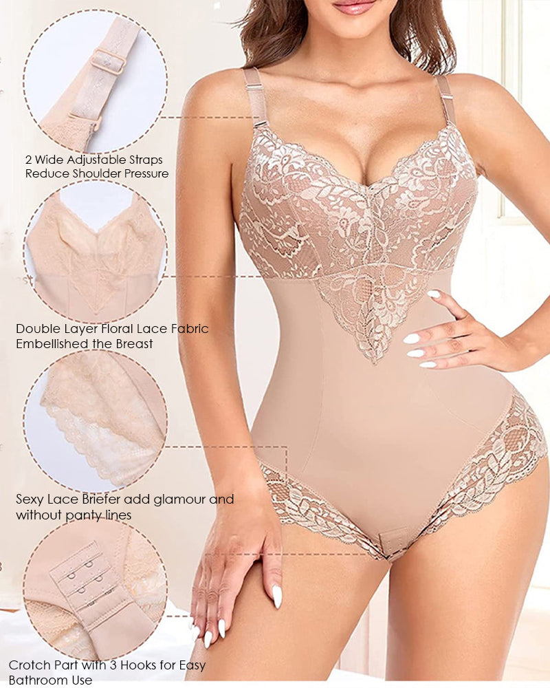 Body moldeador de cuerpo completo con control de barriga y cuello en V de encaje