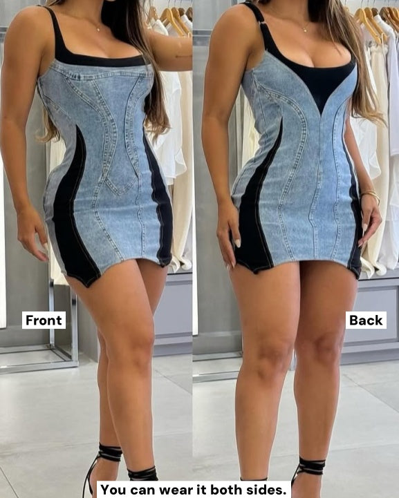 Shapshe® Contrast Color Suspenders Bodycon Mini Denim Dress