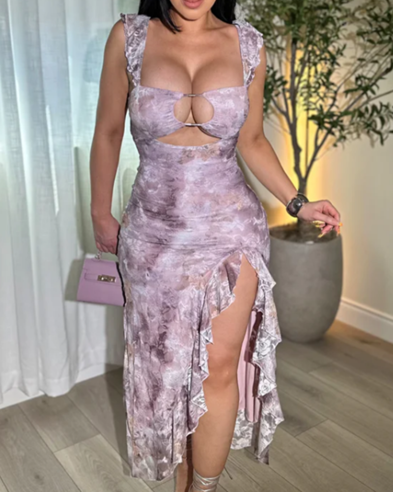 Women's Sexy Slim Fit Tie Dye Bevel Long Dress with Ruffles (Pre-Sale)