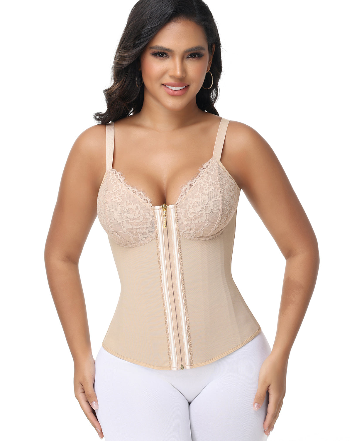 Shapshe® Deep V Lace Corset Top Trimmed Waist Trainer with Front Zipper