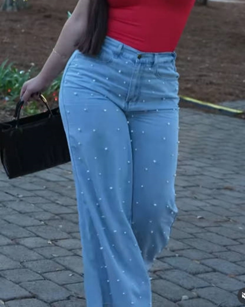 Stylish Washed High Waisted Wide Leg Jeans with Pearl Stud (Pre-Sale)