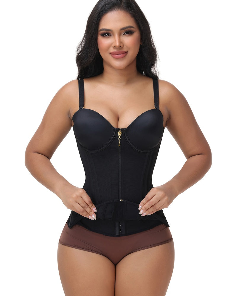Black Front Zipper Corset Waist Trainer with Adjustable Straps