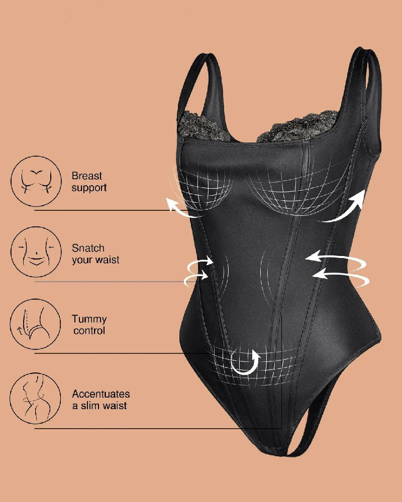 Shapshe® Shapewear Leather Lace Balconette Thong Sculpting Bodysuit