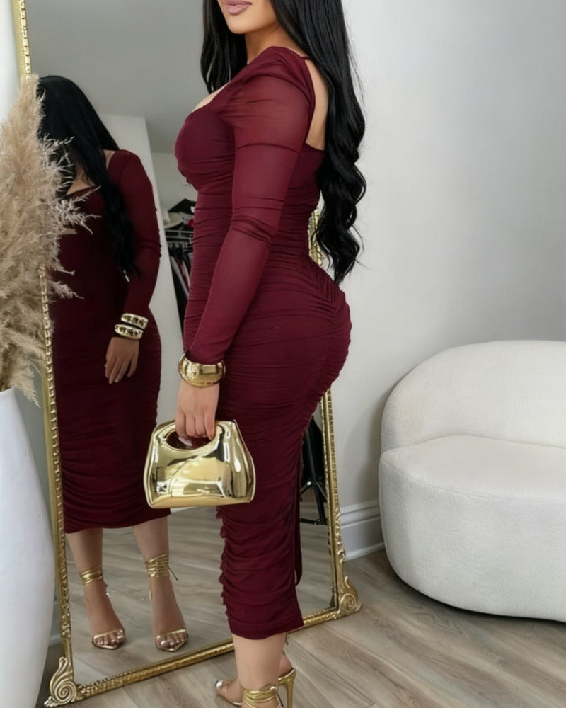 Glamorous Mesh Sleeves Cut out Ruched Bodycon Midi Dress