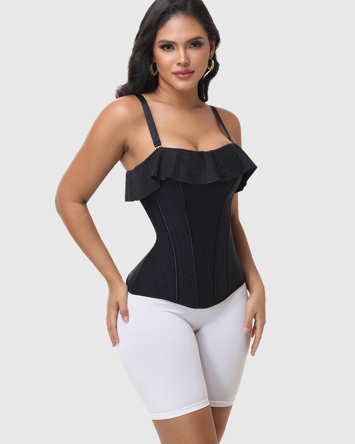 Black Shimmer Ruffle Trim Corset Top with Adjustable Straps