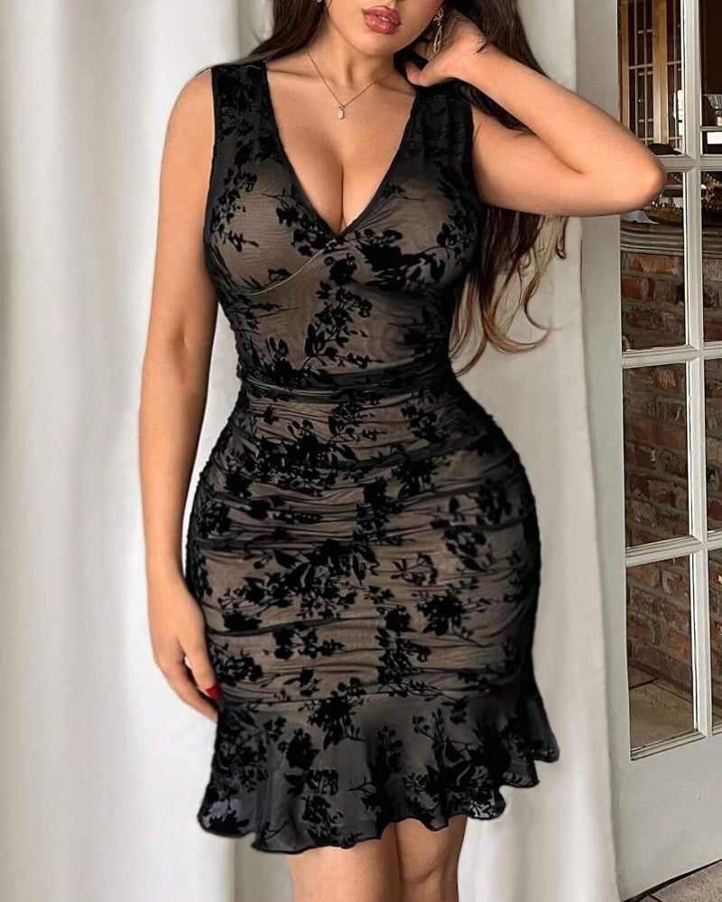 ruffle bodycon midi dress SHAPSHE Floral Mesh V Neck Ruffle Bodycon Midi Dress for Women