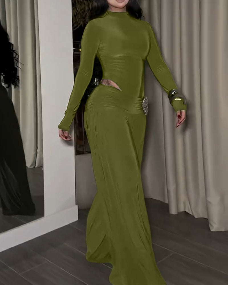 Two-Piece Set Turtleneck Side Cutout Rhinestone Wide Leg Pants