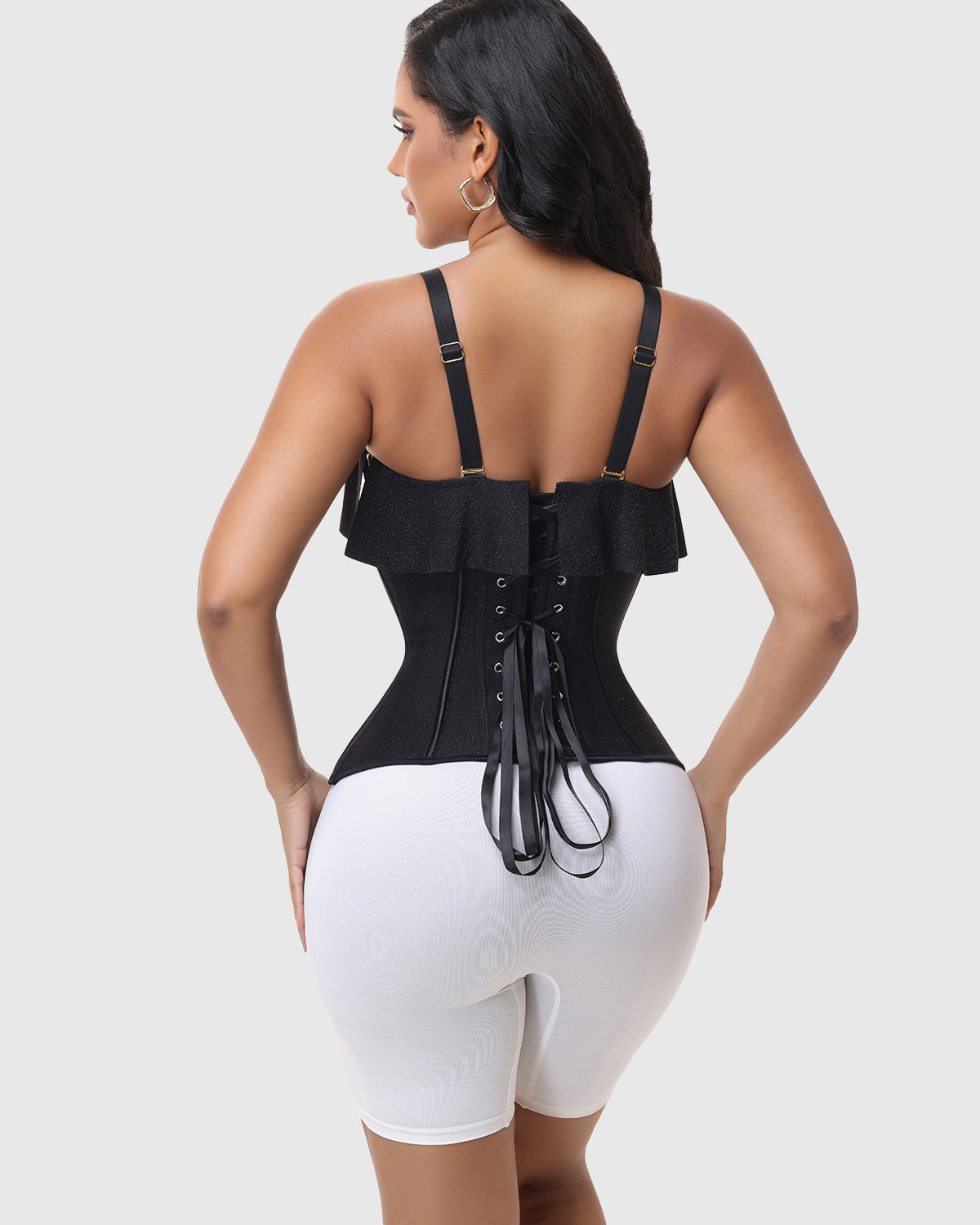 Black Shimmer Ruffle Trim Corset Top with Adjustable Straps