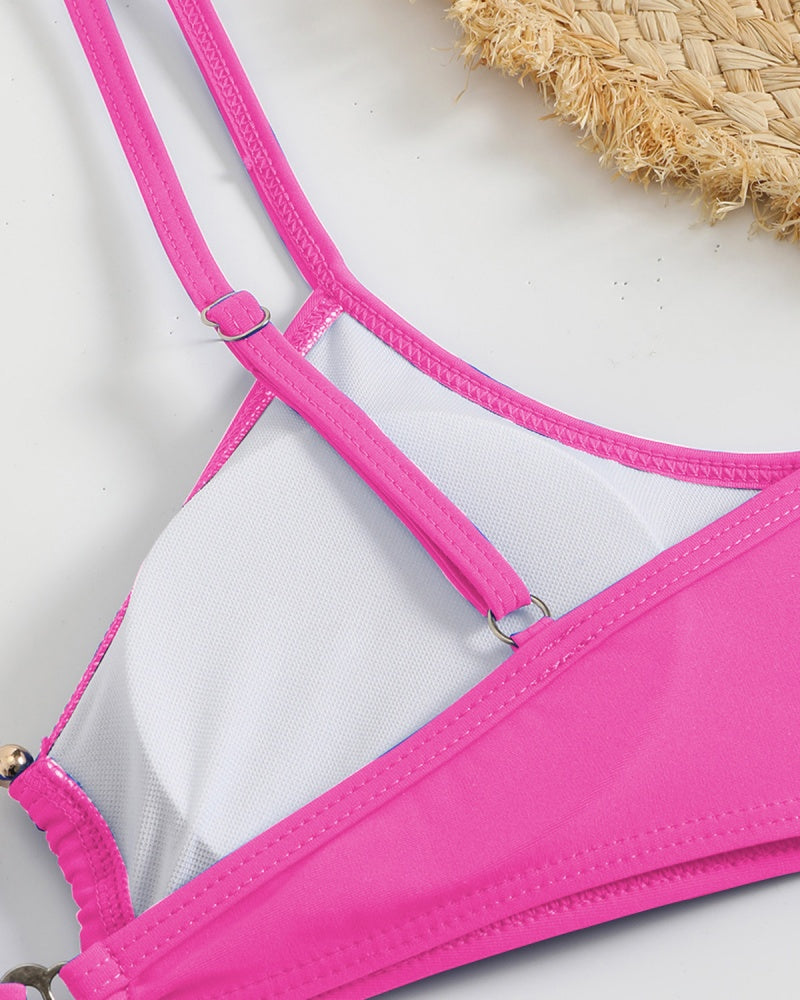 Women's Sexy Solid Color Wrinkled Cut Out Two Piece Swimsuit Set