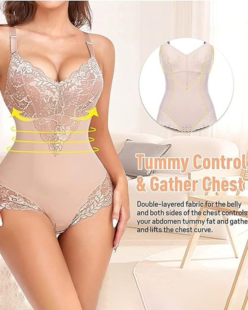 Body moldeador de cuerpo completo con control de barriga y cuello en V de encaje
