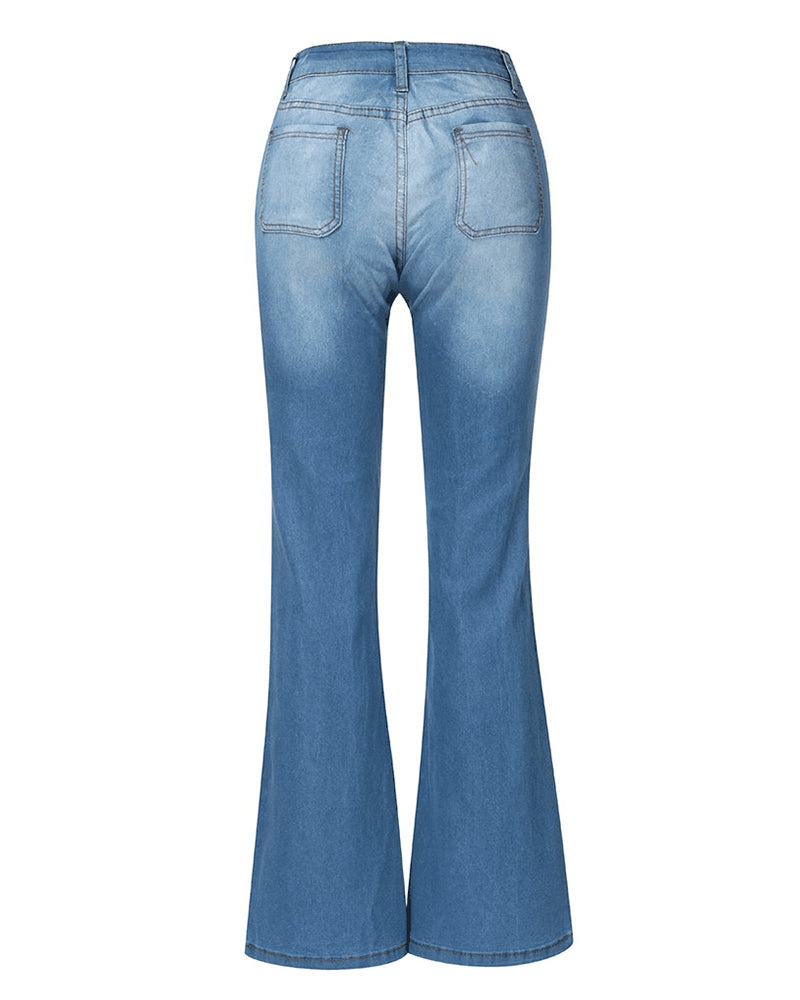 High Waist Washed Stretch Single Breasted Multi Button Straight Leg Jeans
