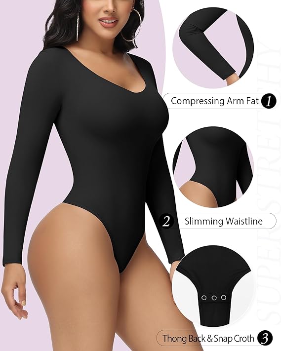 Shapshe® Women's Long Sleeve V Neck Seamless Bodysuits Tummy Control Thong Shapewear