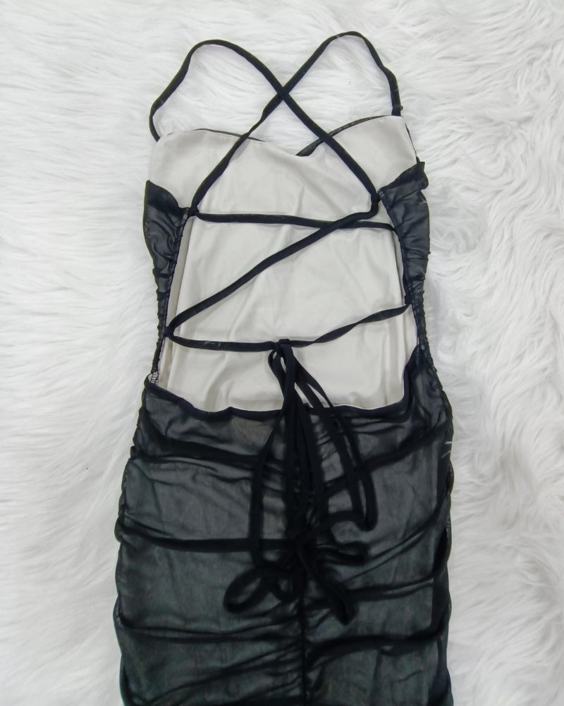 Sexy Backless Cross Lace Up Mesh Patchwork Bodycon Dress