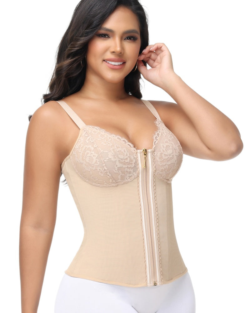 Shapshe® Deep V Lace Corset Top Trimmed Waist Trainer with Front Zipper