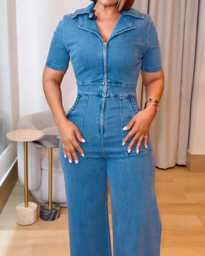 Women's Casual Short Sleeve Loose Straight Leg Denim Jumpsuits with Pockets
