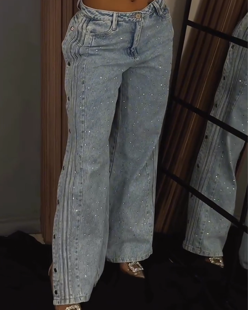 Rhinestone Embellished Mid Waist Wide Leg Jeans with Side Buttons