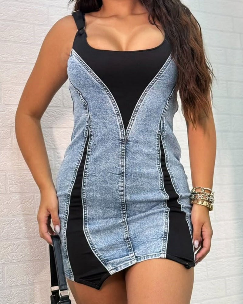 Shapshe® Contrast Color Suspenders Bodycon Mini Denim Dress