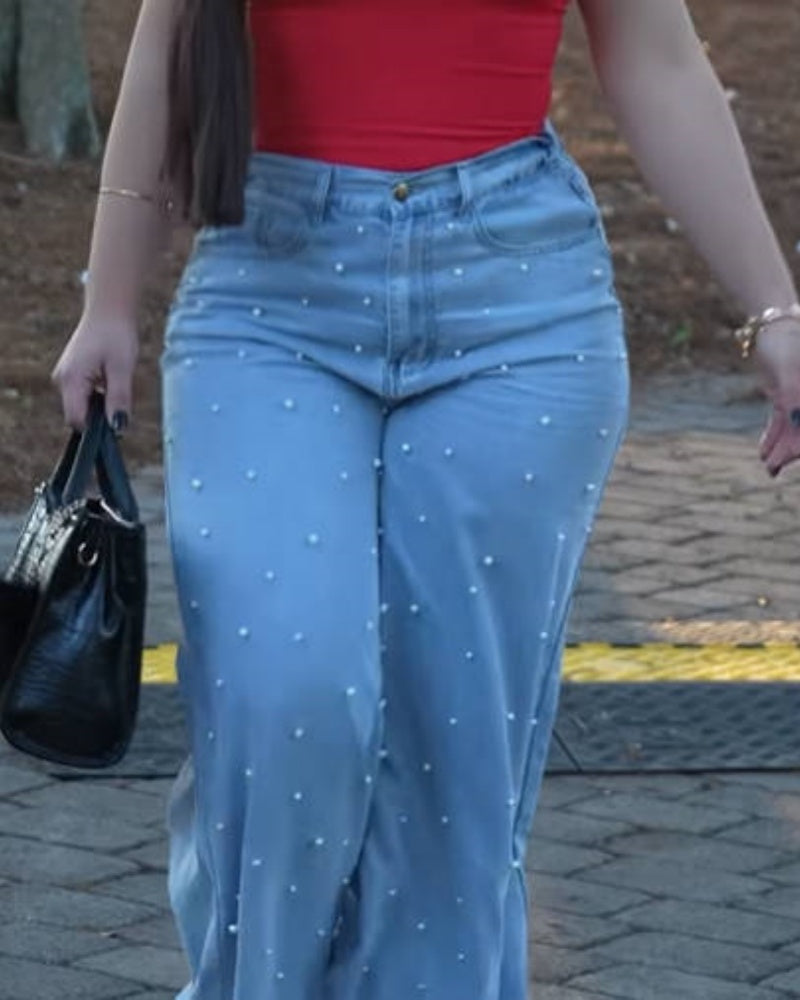 Stylish Washed High Waisted Wide Leg Jeans with Pearl Stud (Pre-Sale)