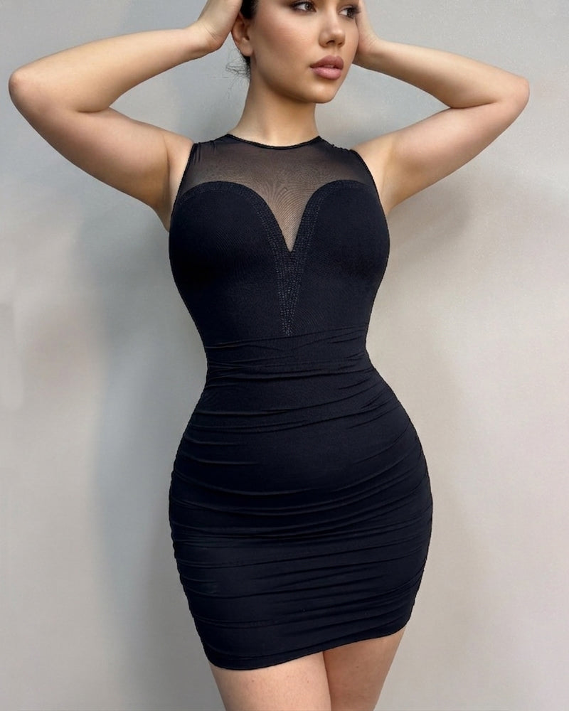 Mesh Hotfix rhinestone Sleeveless Pleat Bodycon Mini Dress