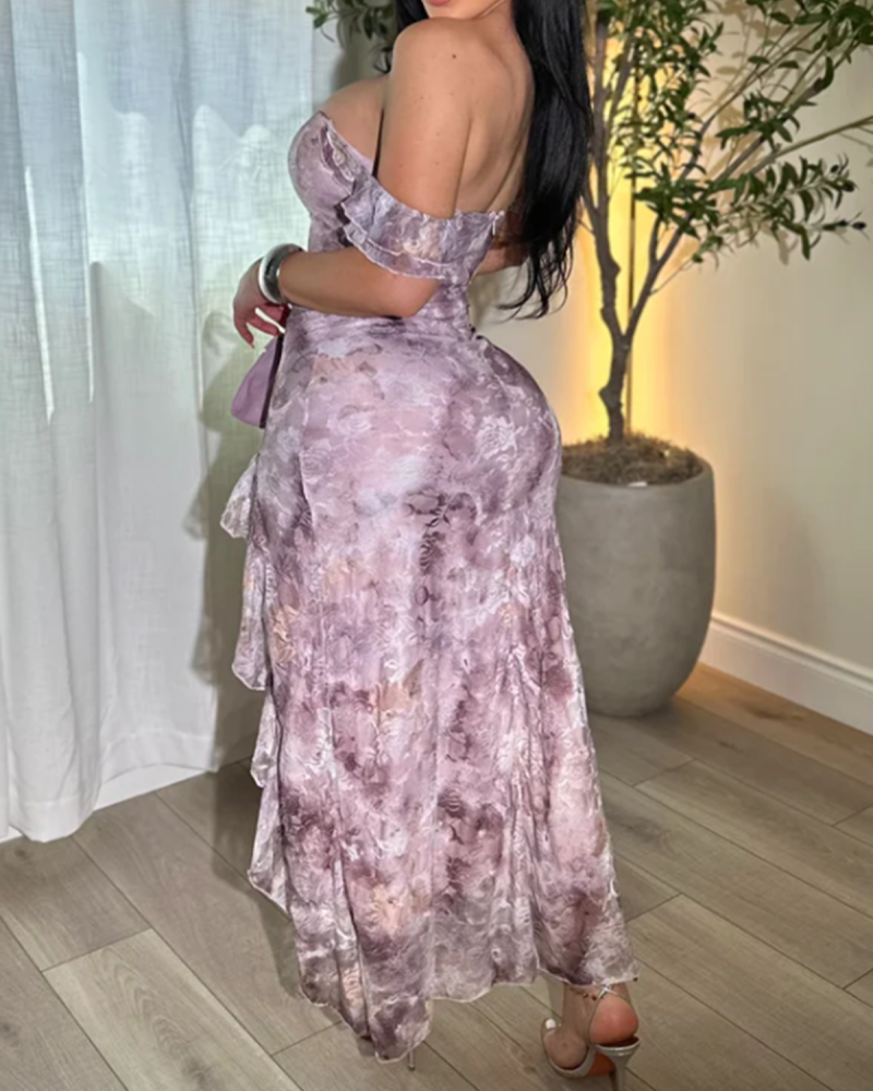 Women's Sexy Slim Fit Tie Dye Bevel Long Dress with Ruffles (Pre-Sale)