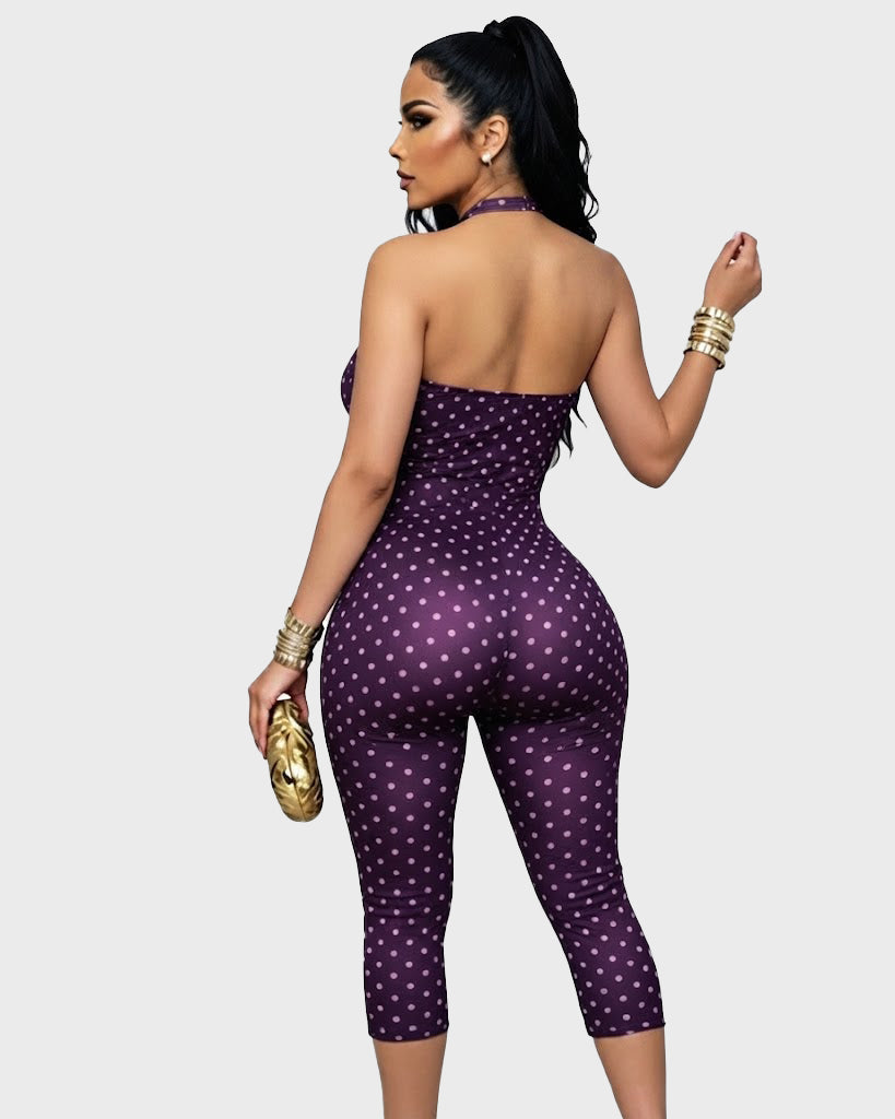 Polka Dot Halter Neck Open Back Skinny Capri Jumpsuit