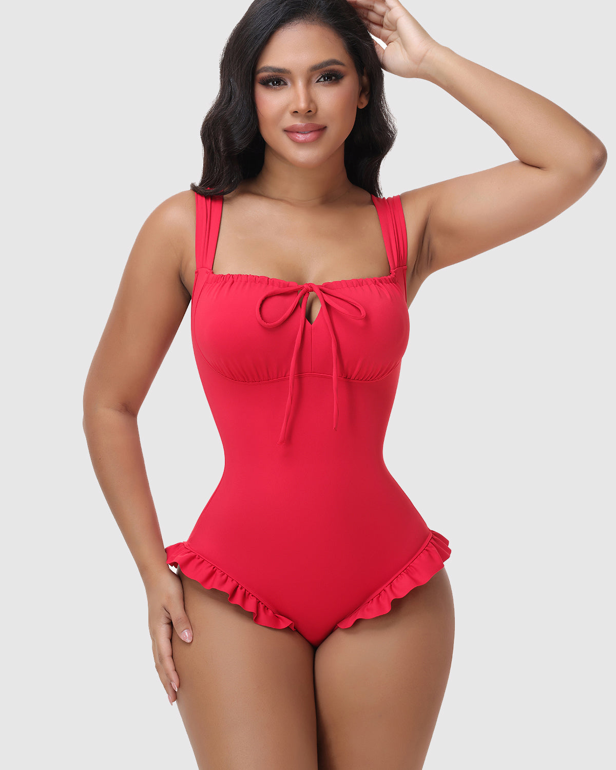 Square Neck Front Tie Ruffle Hem One Piece Hourglass Swimsuit