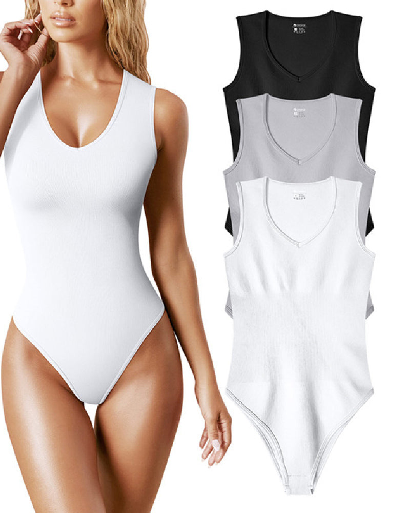 Body sexy acanalado con cuello en V sin mangas para mujer