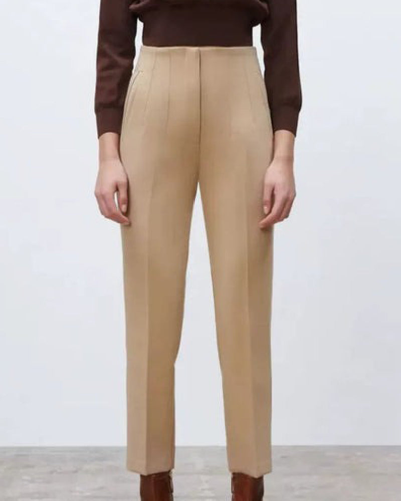 Pantalones de mujer con bolsillo lateral y cintura alta con pliegues entallados
