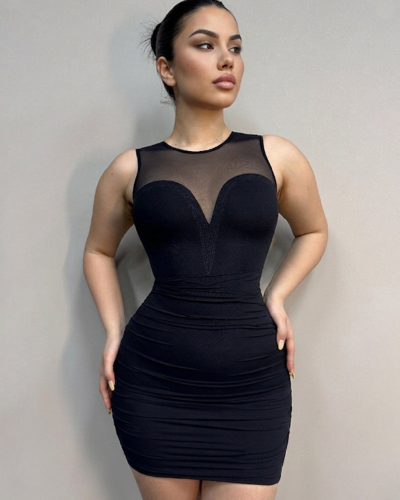 Mesh Hotfix rhinestone Sleeveless Pleat Bodycon Mini Dress