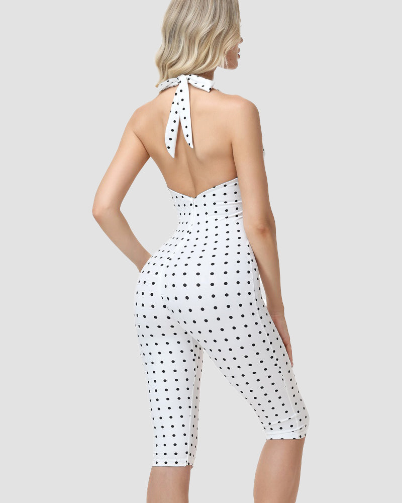 Hourglass Figure Body Shaper Waist Cincher Polka Dot Capri Jumpsuit Two-Piece Set