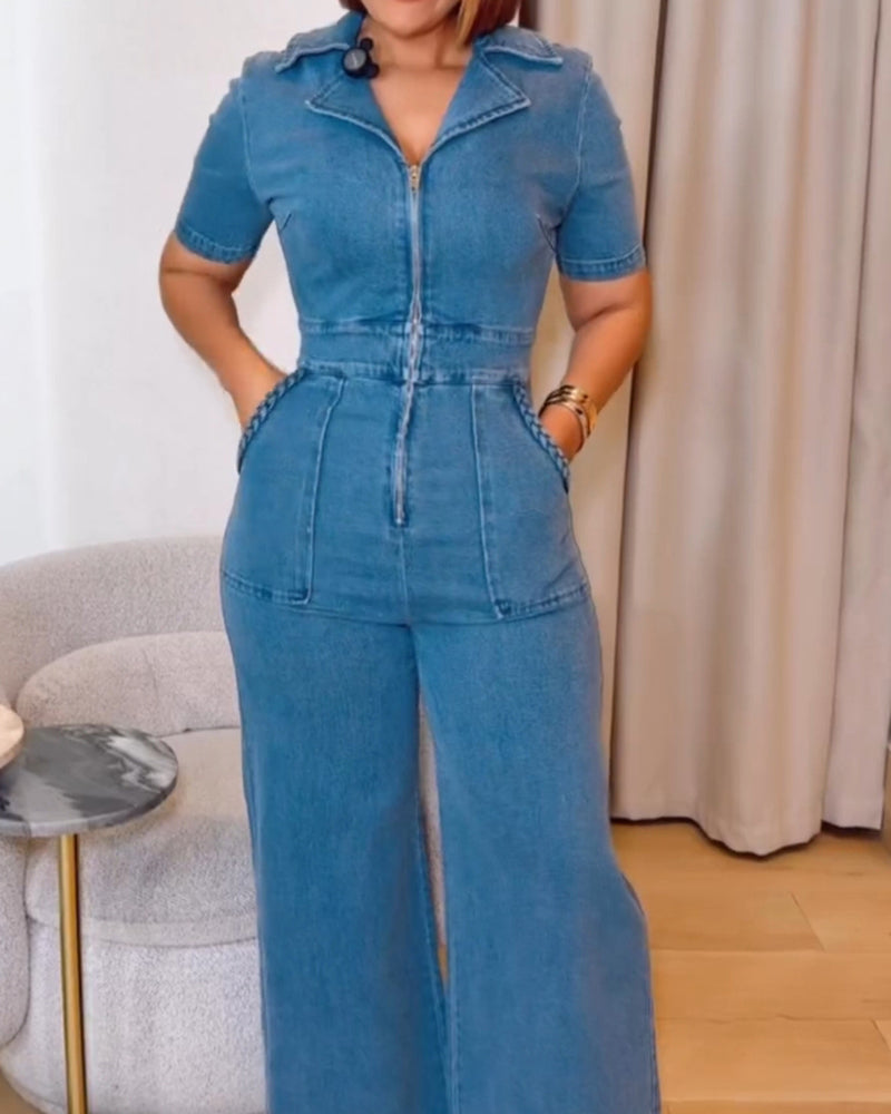 Women's Casual Short Sleeve Loose Straight Leg Denim Jumpsuits with Pockets