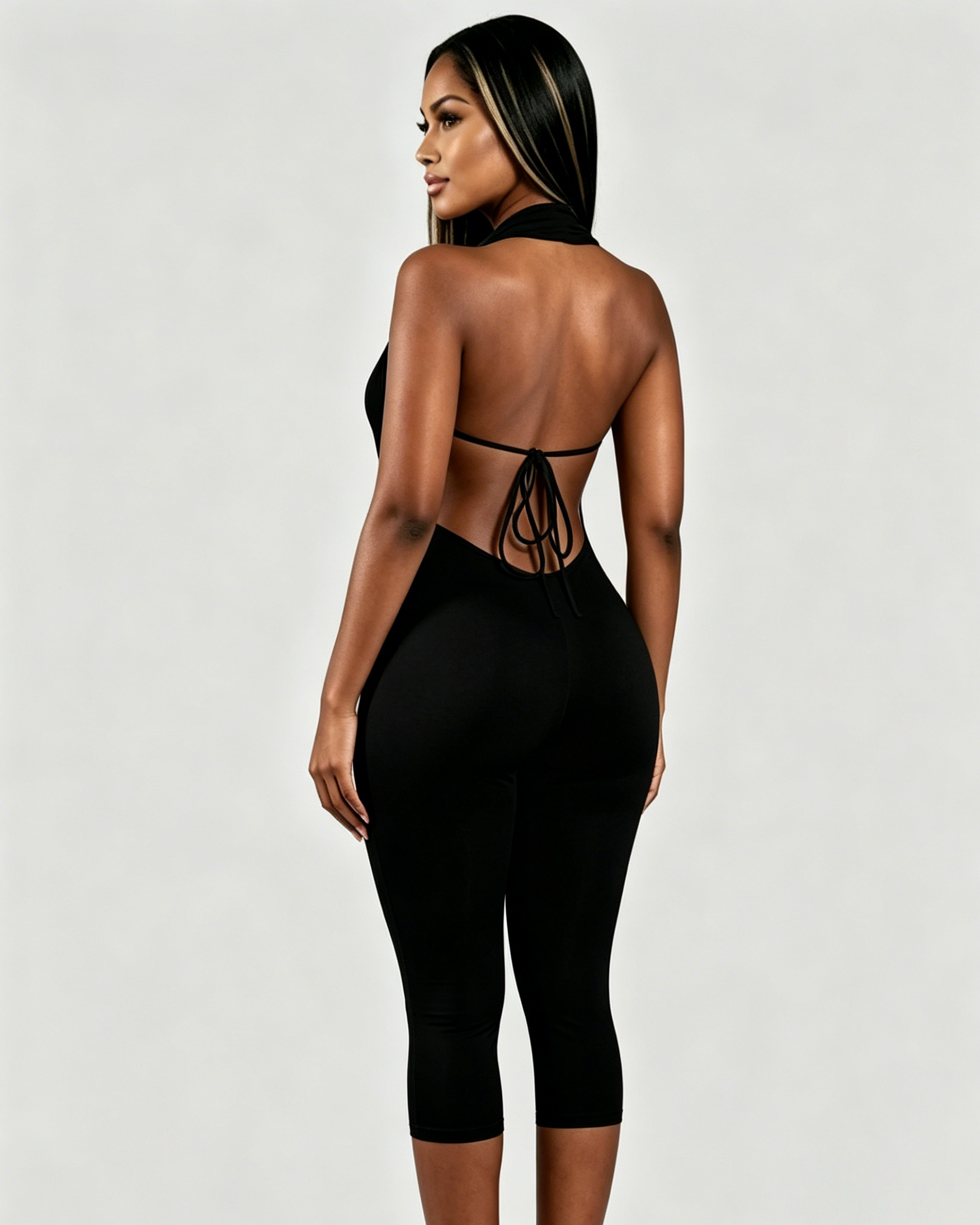 V Neck Halter Open Back Tie Capri Jumpsuit