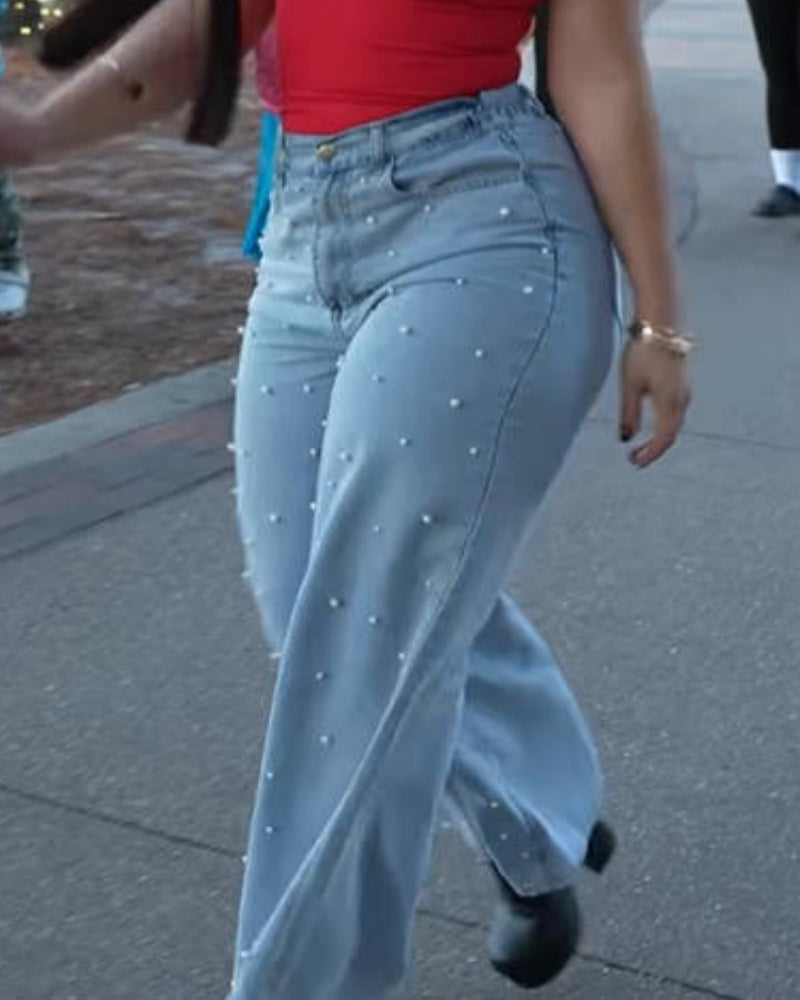 Stylish Washed High Waisted Wide Leg Jeans with Pearl Stud (Pre-Sale)