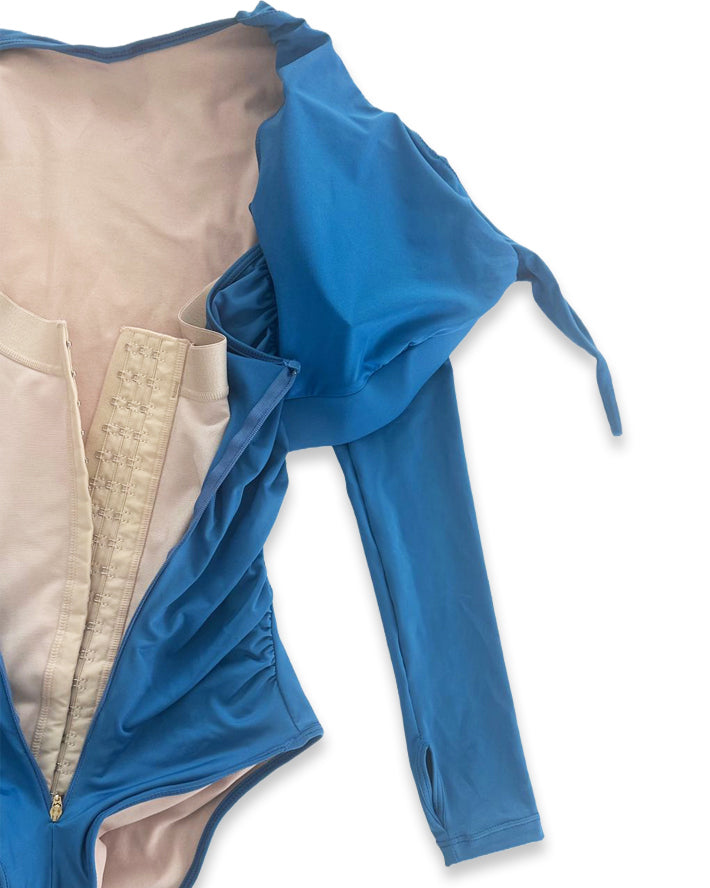 Shapshe® Blue Long Sleeve Built In Shapewear Tummy Cotrol Girdle Swimsuit