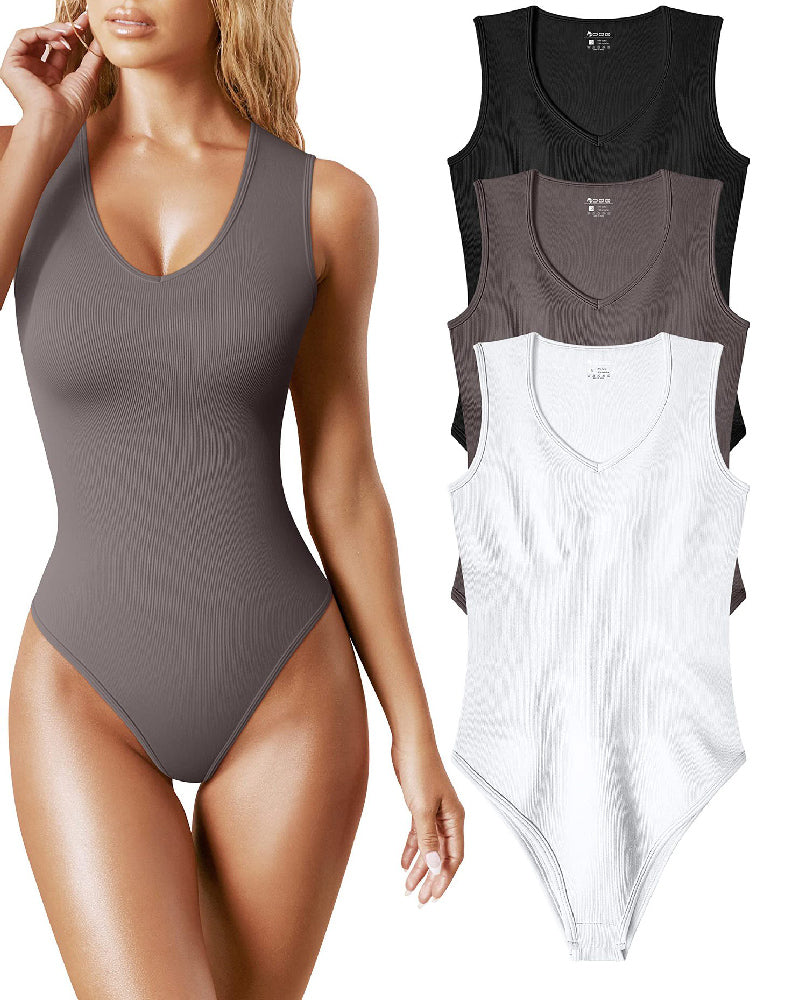 Body sexy acanalado con cuello en V sin mangas para mujer