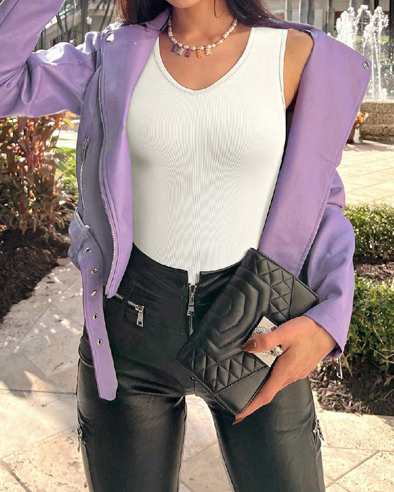 Body sexy acanalado con cuello en V sin mangas para mujer