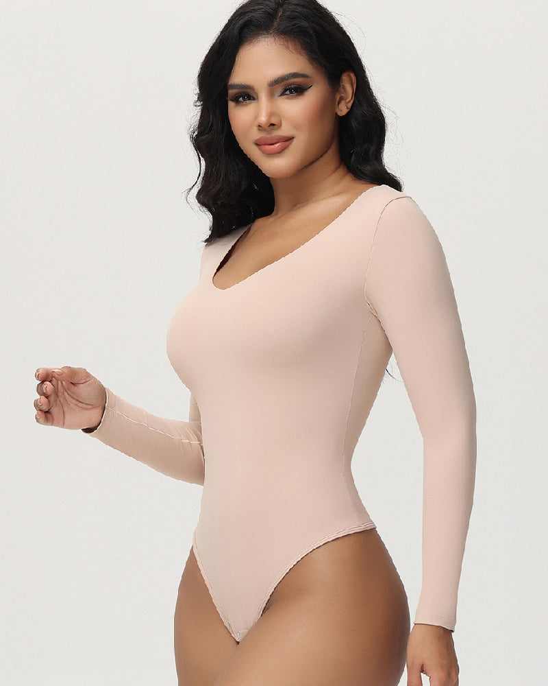 Shapshe® Women's Long Sleeve V Neck Seamless Bodysuits Tummy Control Thong Shapewear