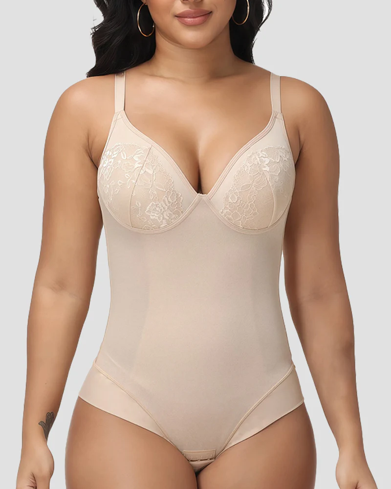Shaping bodysuit with lace cups and T-string cut