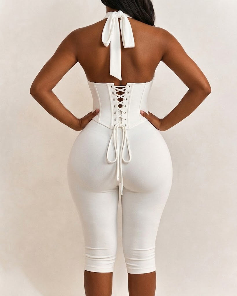Polka Dot Halter Neck Hourglass Capri Jumpsuit with Detachable Corset Two-Piece Set