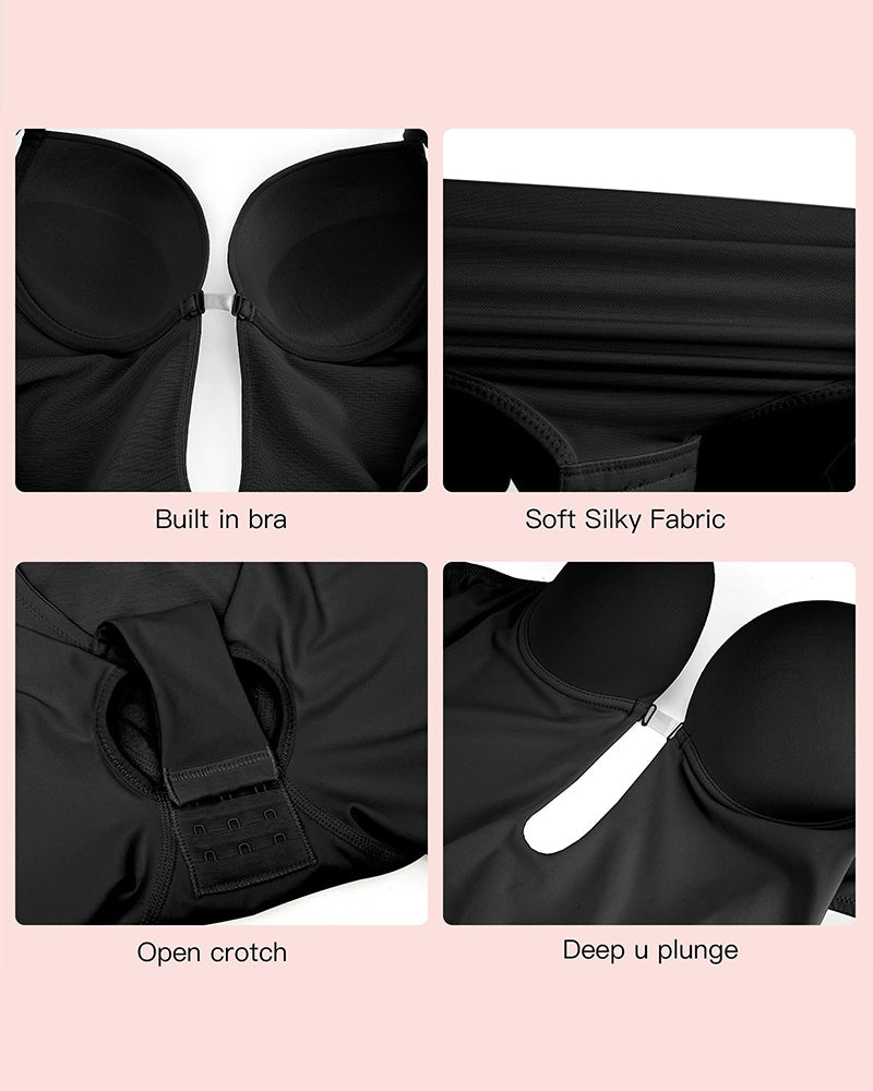 Shapshe® Sleeveless Solid Tummy Control U Plunge Shapewear Bodysuit With Built In Bra