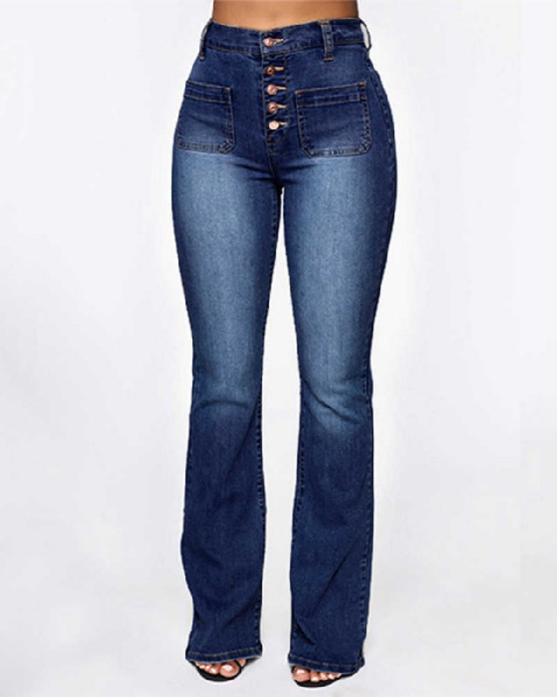 High Waist Washed Stretch Single Breasted Multi Button Straight Leg Jeans